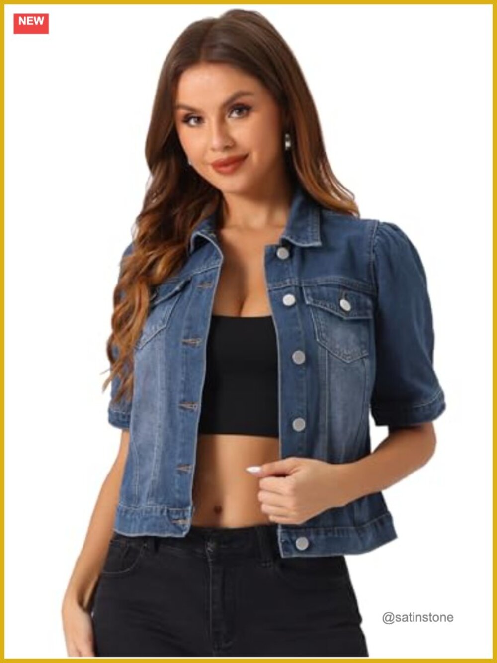 Women's Short Puff Sleeve Button-Down Denim Jacket Casual Cropped Jean